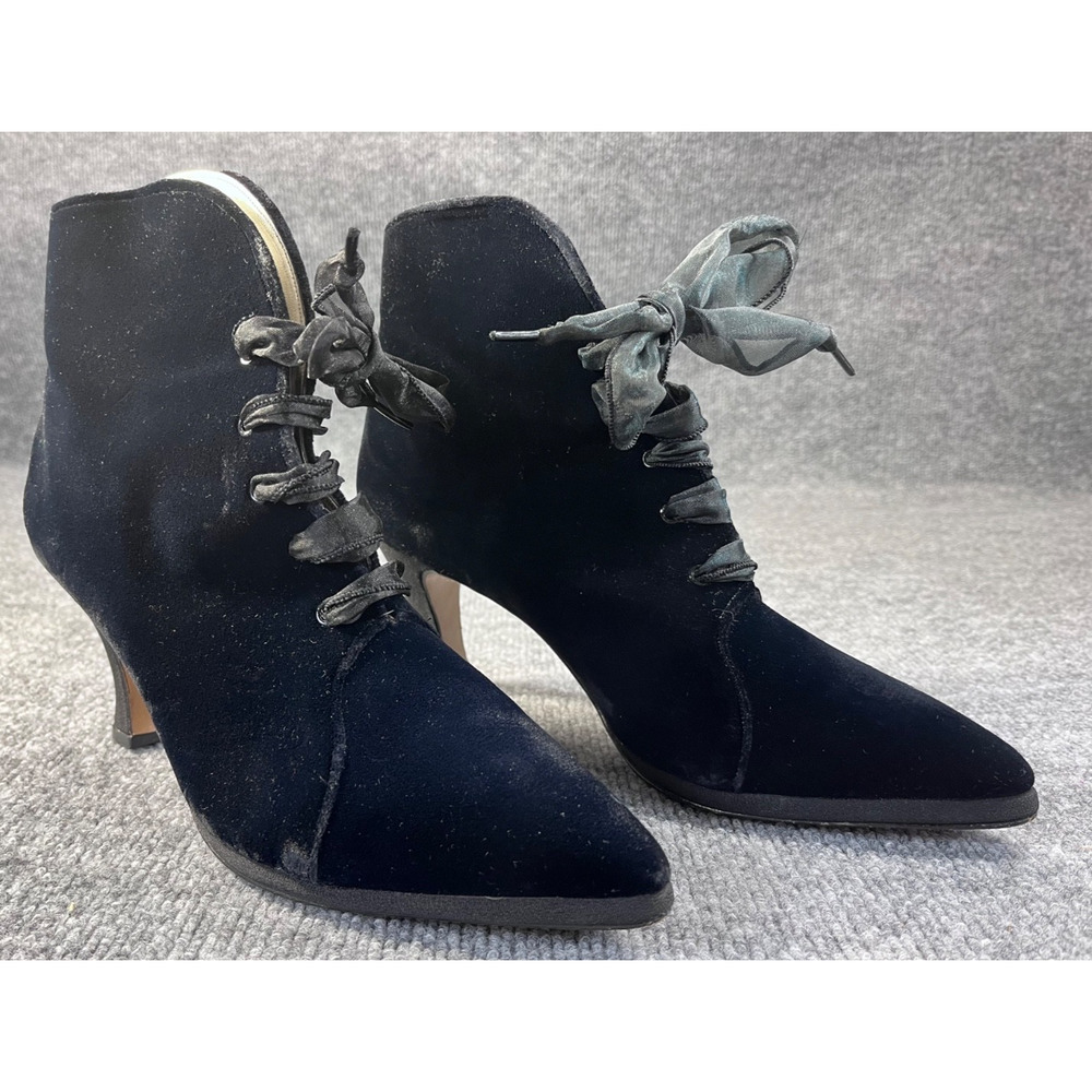 Vintage 90s Amano Black Velvet Lace Laces Boot Booties Sz 10 - Made In USA